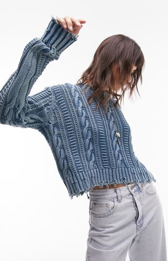 Topshop Acid Wash Frayed Crop Cable Sweater Nordstrom