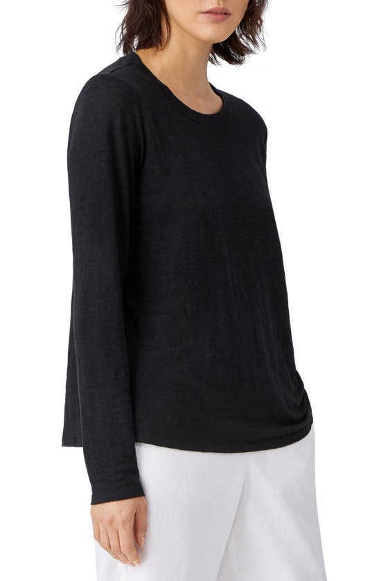 Eileen Fisher Long-sleeve Crewneck Organic Linen Shirt In Black