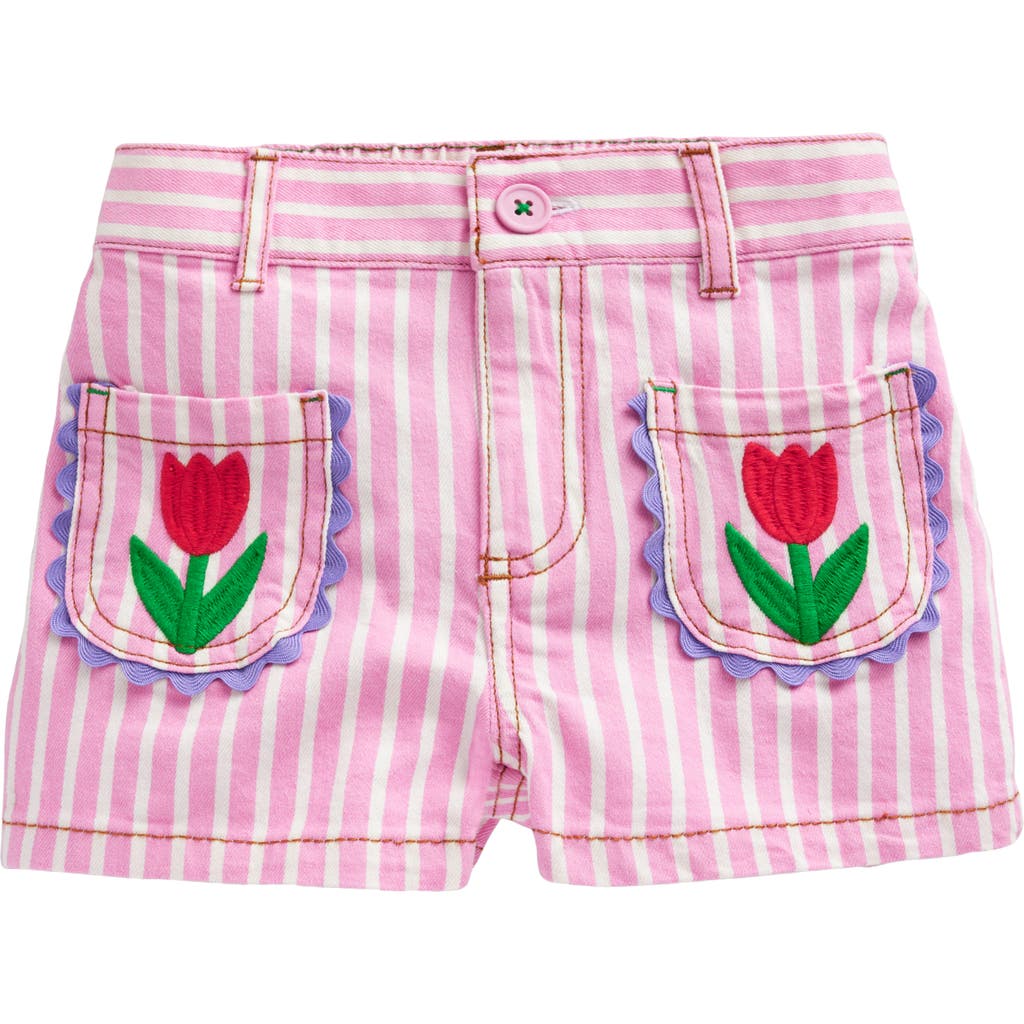 Mini Boden Kids' Stripe Embroidered Cotton Shorts In Pink/ivory Stripe Tulip