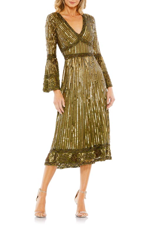 Mac Duggal Sequin Long Sleeve Midi Cocktail Dress Light Olive at Nordstrom,