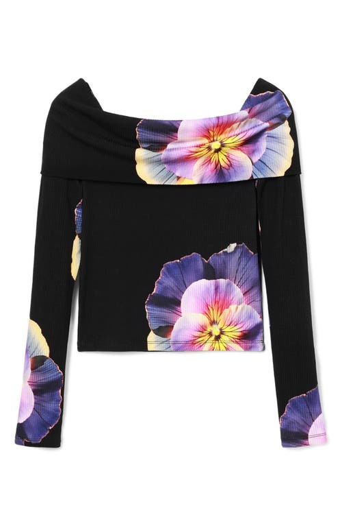 Shop Desigual Pensee Lacroix Pansy Print Off The Shoulder Top In Black