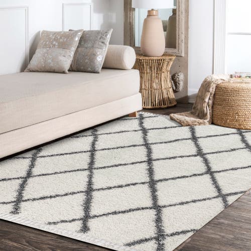 Jonathan Y Mercer Shag Plush Tassel Moroccan Geometric Trellis Denim Area Rug In Cream/gray