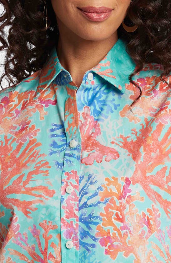 Foxcroft Meghan Coral Print Cotton Button-up Shirt In Blue Multi
