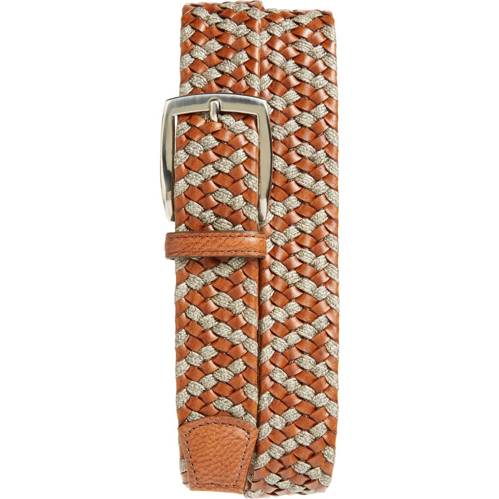 Torino Braided Leather & Linen Belt In Cognac/taupe