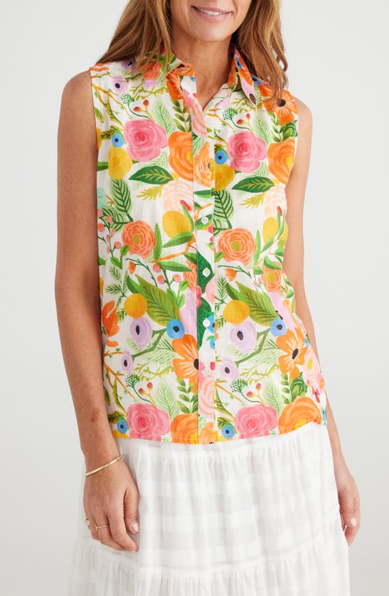 Shop Brave + True Poppy Sleeveless Cotton Button-up Top In Blossom Print