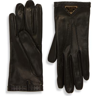 Prada Triangle Logo Plaque Leather Gloves, Black
