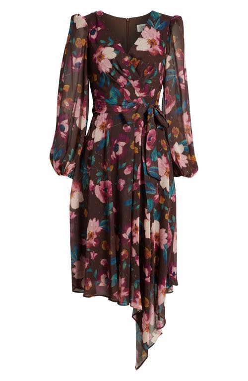 Shop Eliza J Floral Long Sleeve Faux Wrap Dress In Brown