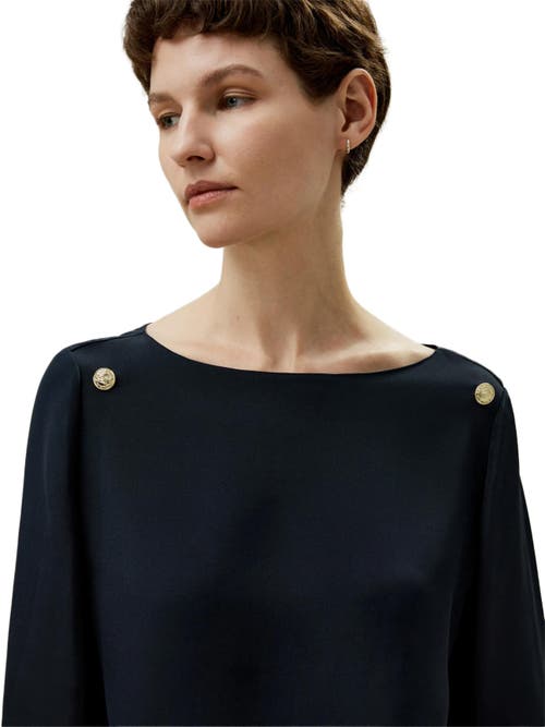 Shop Lilysilk Dubrovnik 3/4 Sleeved Silk Top With Button Accents In Midnight Blue