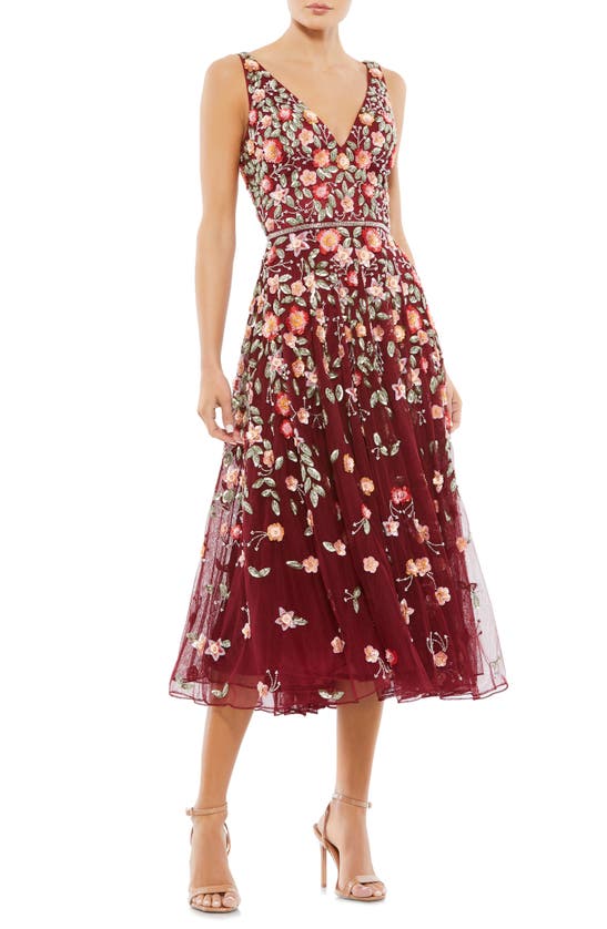 Mac Duggal Beaded Floral A-line Cocktail Dress In Burgundy Multi