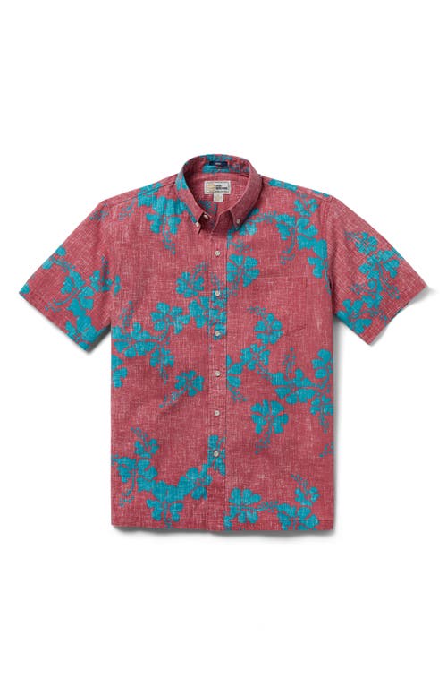 50th State Flower Short Sleeve Button-Down Shirt in Red