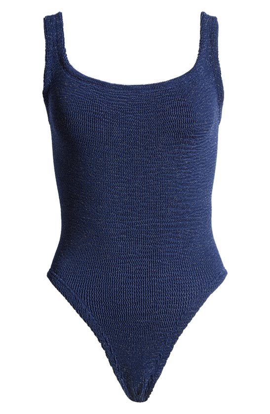 Shop Hunza G Textured Square Neck One-piece Swimsuit In Navy/ Silver