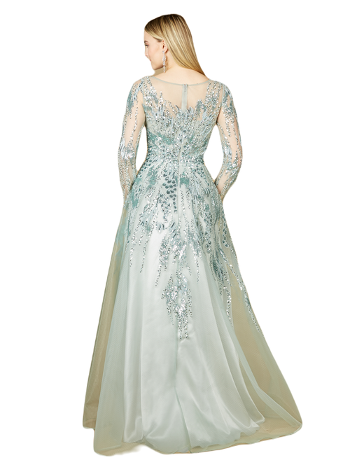 Shop Lara New York High Neck Lace Gown With Sheer Sleeves In Seafoam