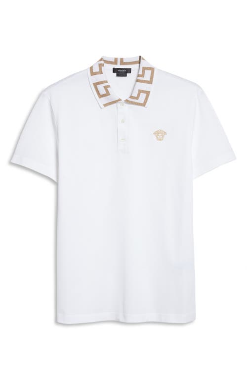 Shop Versace Metallic Greca Collar Piqué Polo In White/gold