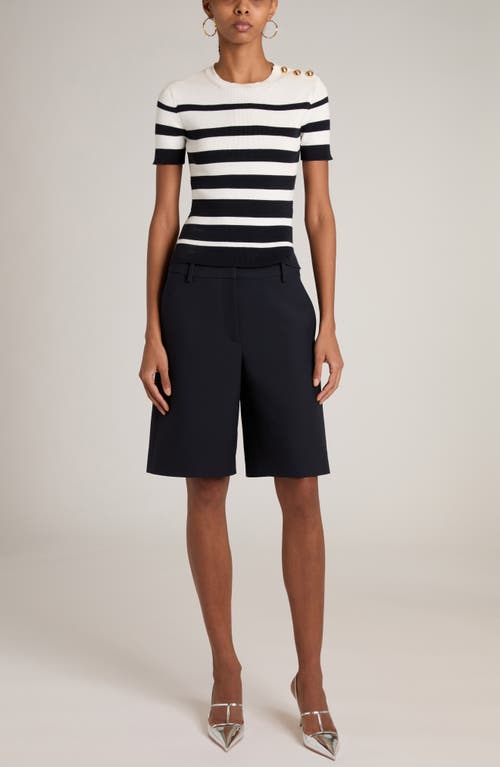 Shop Valentino Garavani Stripe Button Detail Short Sleeve Sweater In Navy/avorio