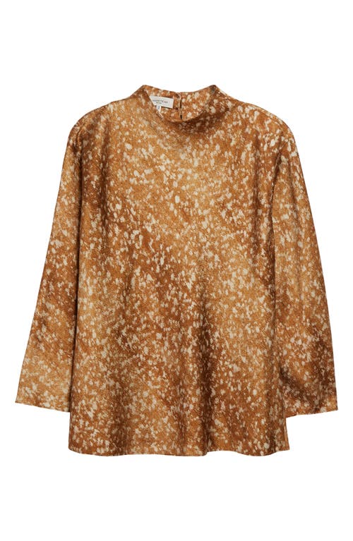 Lafayette 148 Mini Floating Leaves Print Textured Silk Satin Blouse In Camel Multi