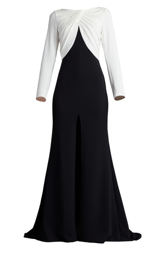 Shop Tadashi Shoji Front Twist Long Sleeve Crepe Gown In Ivory/ Black