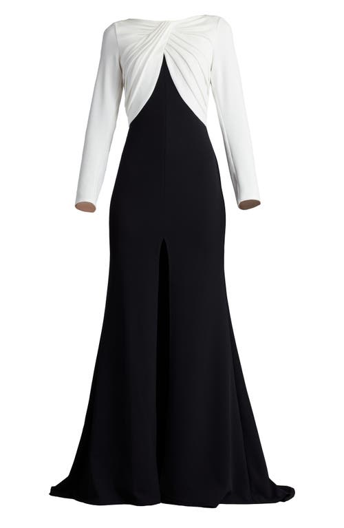 Shop Tadashi Shoji Front Twist Long Sleeve Crepe Gown In Ivory/black