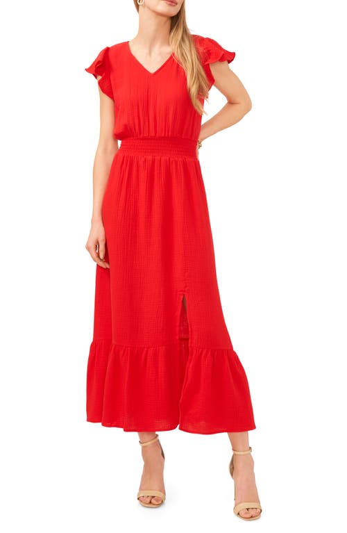 Smocked Waist Double Gauze Midi Dress in Red