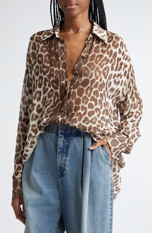 Shop Zimmermann Illustration Leopard Print Linen & Silk Button-up Shirt In Chocolate Leopard