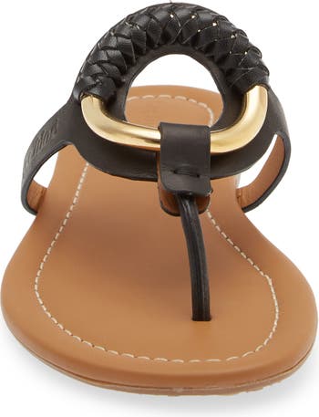 Hana Black Leather Thong Sandals