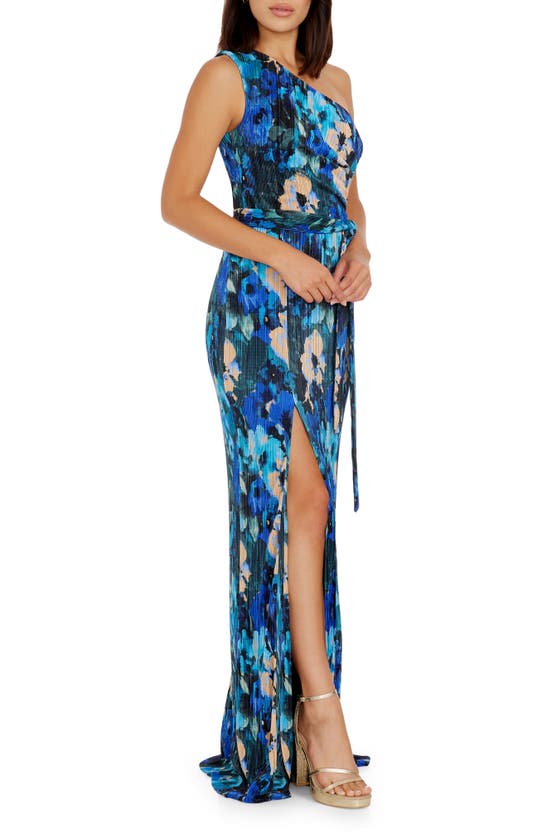 Shop Dress The Population Bella Floral Plissé One-shoulder Gown In Cobalt Multi