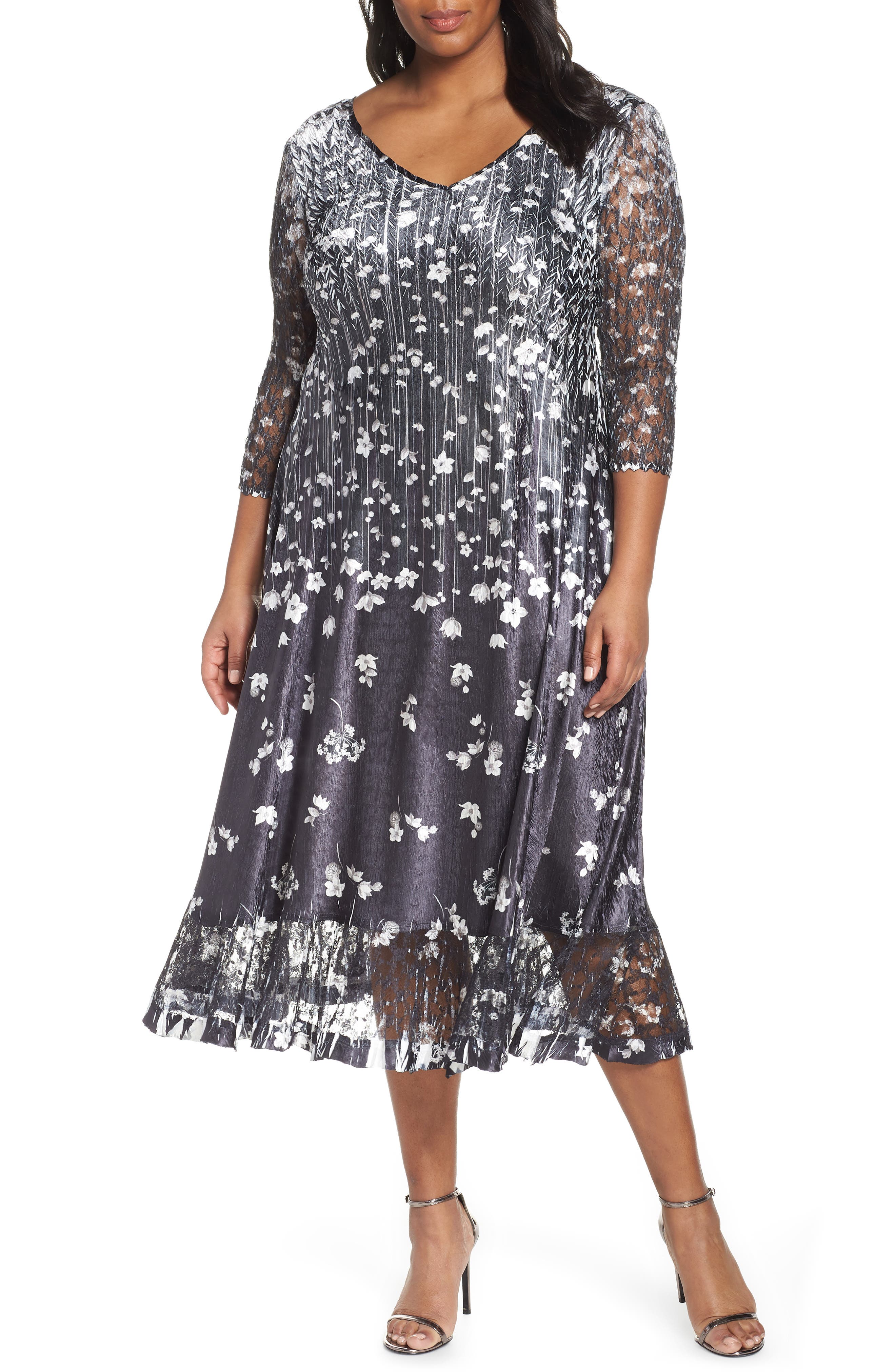 Plus Size Komarov Floral Print A-Line Dress, Black