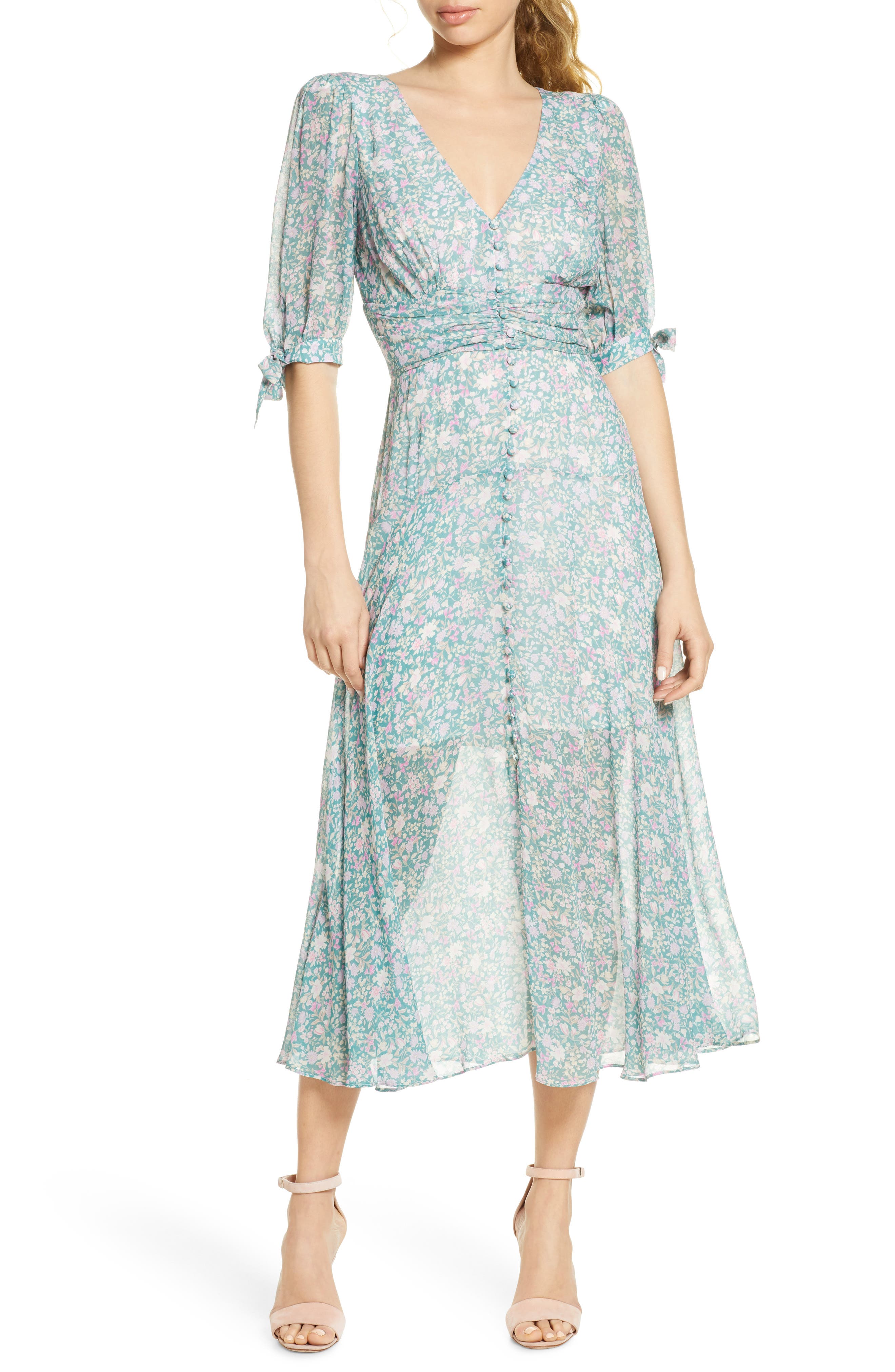 floral button front midi dress