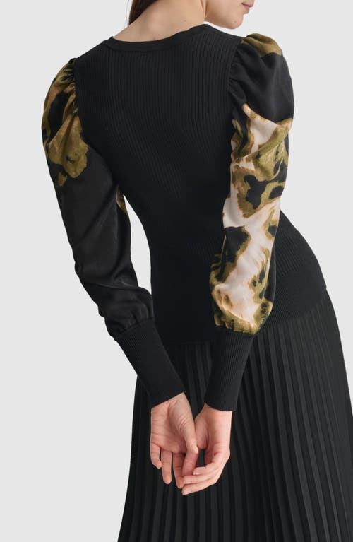 Shop Dkny Rib Puff Shoulder Sweater In Black/photo Floral