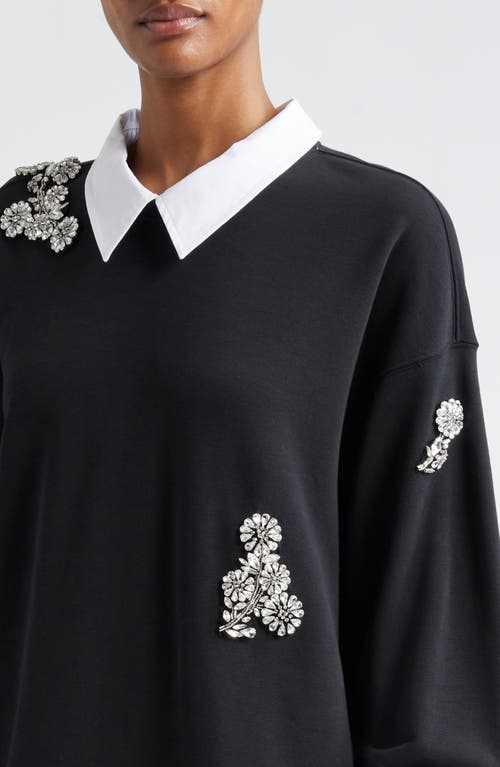 Shop Cinq À Sept Justina Crystal Chrysanthemum Long Sleeve Layered Cotton Blend Minidress In Black/white