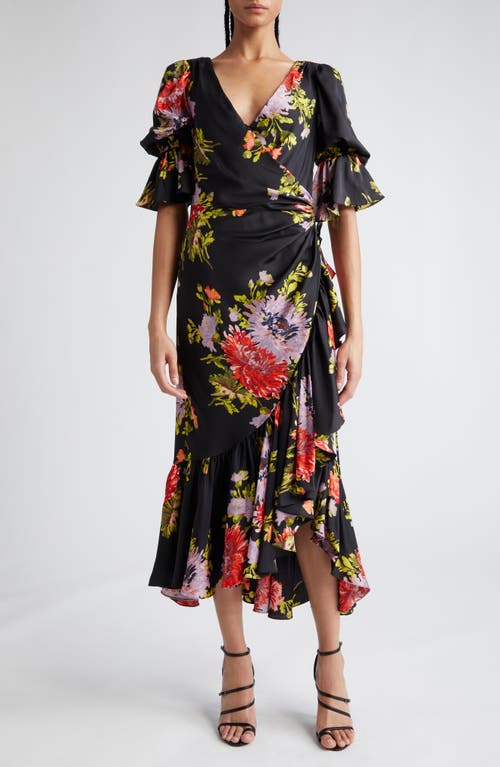 Cinq à Sept Thea Floral Print Ruffle Faux Wrap Maxi Dress in Black Multi