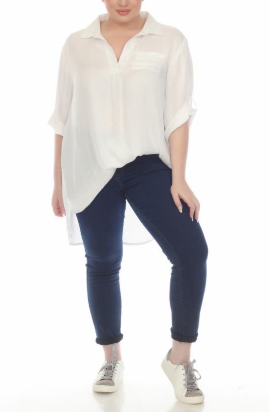 Boho Me Roll Sleeve Button-up Tunic Shirt In White