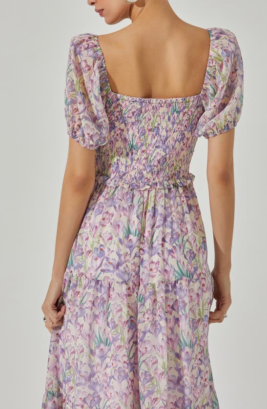 Shop Astr Floral Bustier Bodice Tiered Midi Dress In Lilac Cream Floral