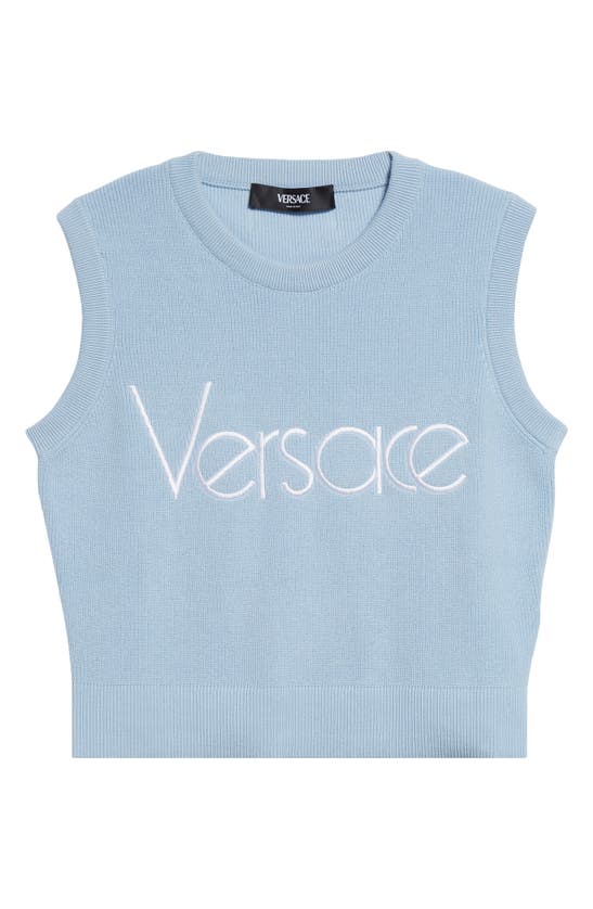 Shop Versace Logo Cotton Blend Sleeveless Sweater In Light Sand
