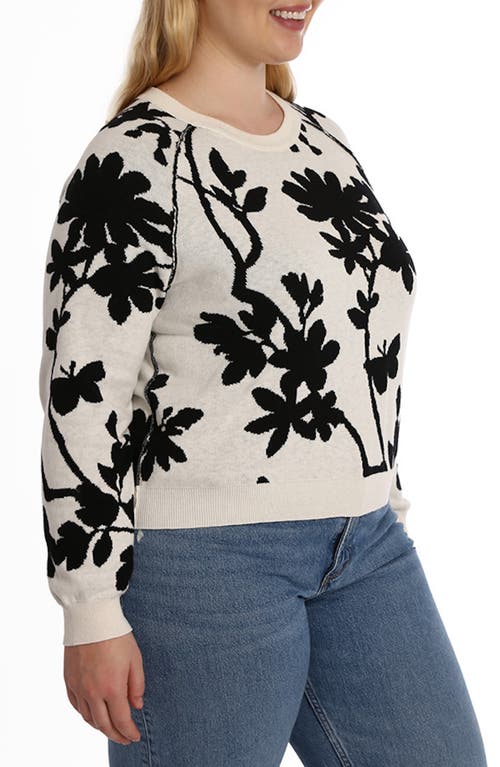 Minnie Rose Plus Size Cotton Blend Long Sleeve Reversible Floral Crew Sweater In Black/starch