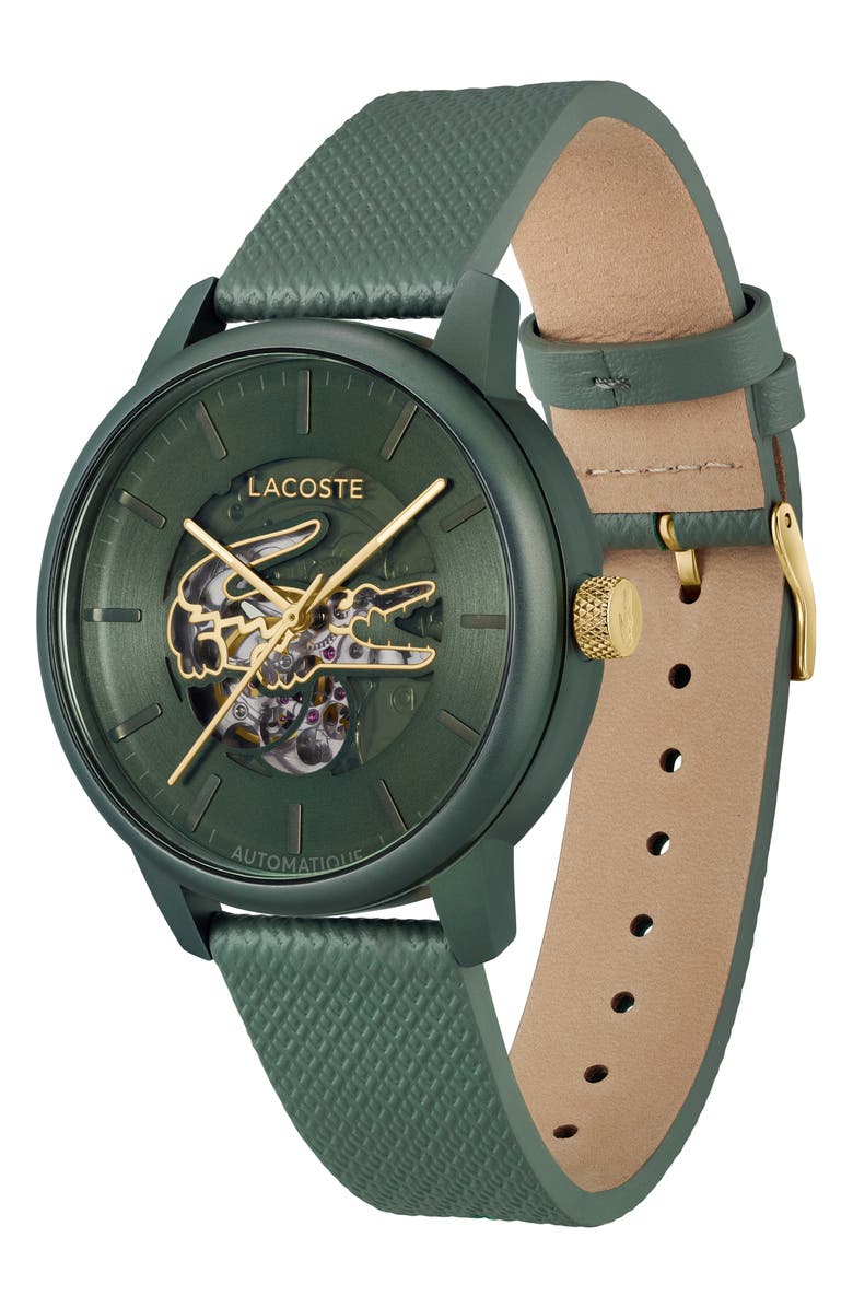 Lacoste Automatique Leather Strap Watch, 44mm, Alternate, color, Khaki