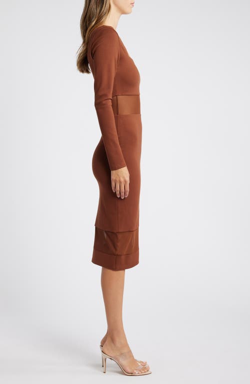 Shop Bebe Sheer Mesh Inset Long Sleeve Body-con Dress In Chocolate