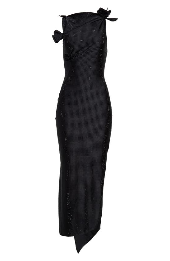 Shop Coperni Rosette Crystal Embellished Asymmetric Gown In Black