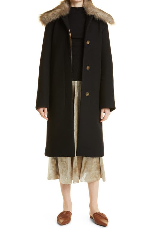 Vince Detachable Faux Fur Collar Wool Blend Coat in Black