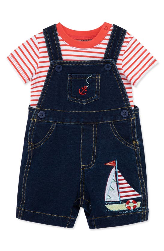 Little Me Sailboat Stripe T-shirt & Shortalls Set In Blue