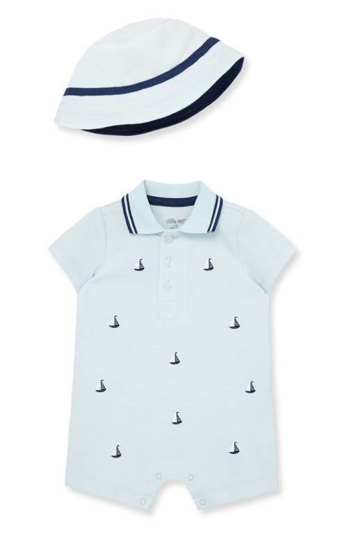 Little Me Sailboats Cotton Romper & Bucket Hat Set in Blue