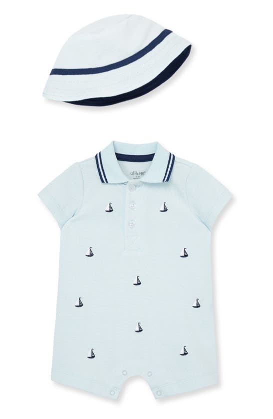 Little Me Babies' Sailboats Cotton Romper & Bucket Hat Set In Blue