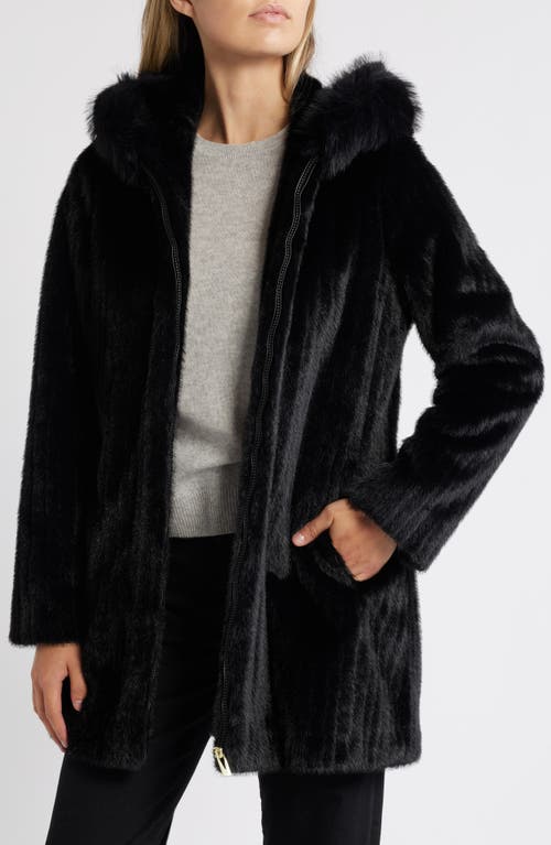 Shop Via Spiga Grooved Faux Fur Hooded Coat In Black