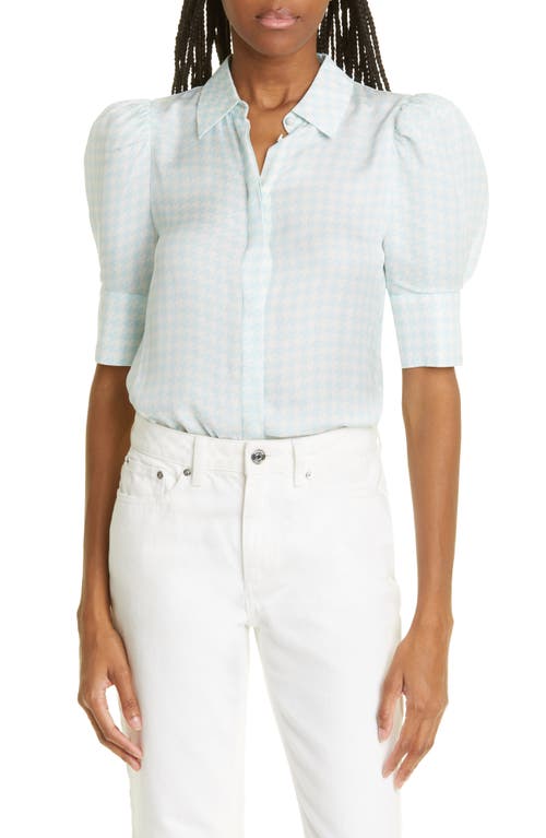 Alice + Olivia Willa Puff Sleeve Silk Button-Up Shirt in Houndstooth Sm Julep/Ecru