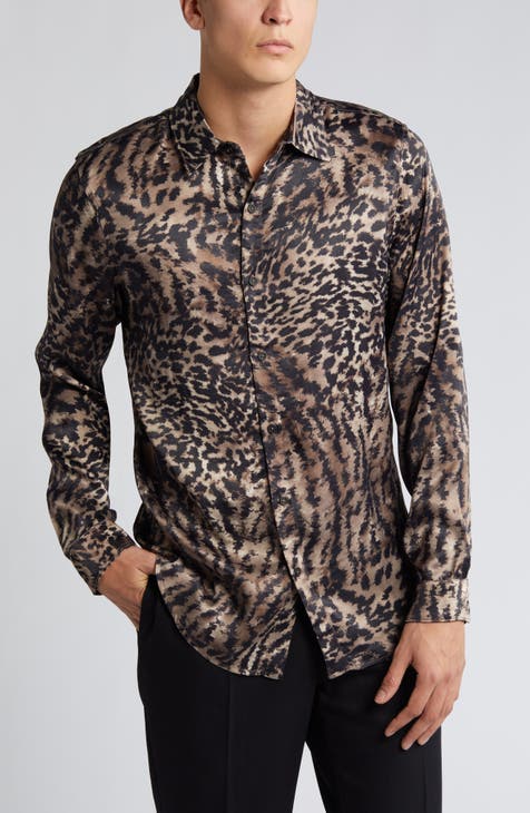 Leopard Jacquard Tie Waist Shirt with Collar, DIVINE GRACE