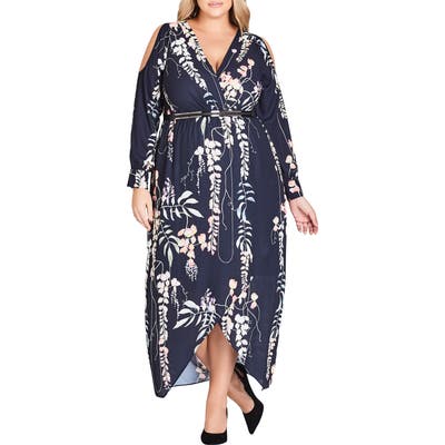Plus Size City Chic Hothouse Vine Cold Shoulder Maxi Dress, Blue