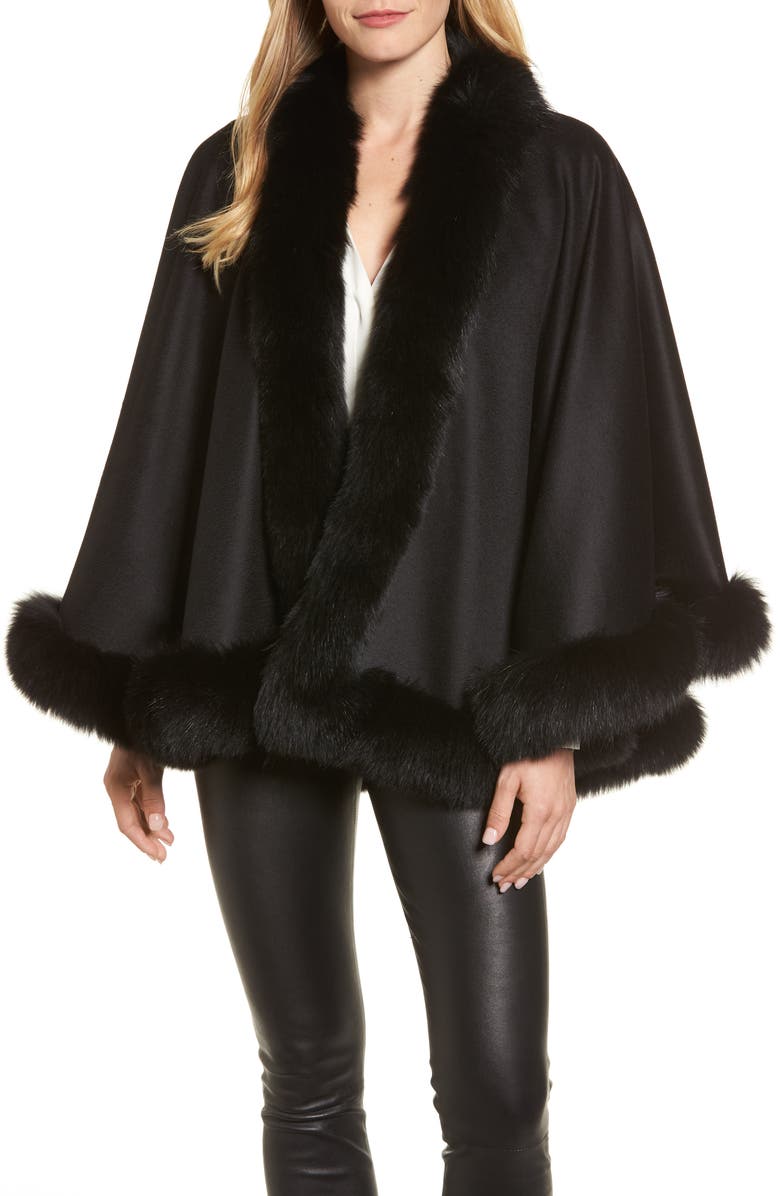 Sofia Cashmere Genuine Fox Fur Trim Short Cashmere Cape | Nordstrom