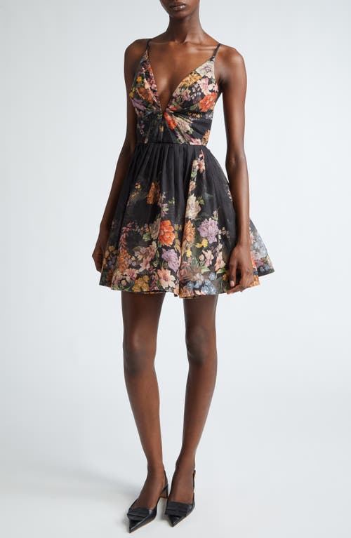 Shop Zimmermann Pavilion Floral Linen & Silk Minidress In Black Multi Floral