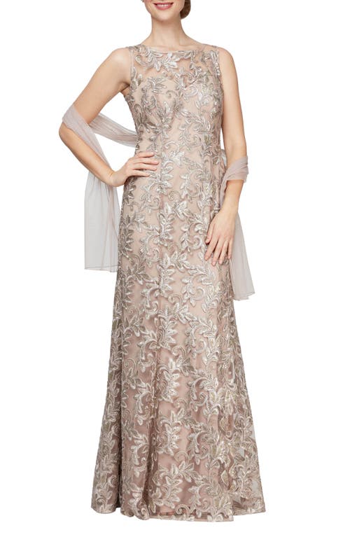 Alex Evenings Sequin Embroidered A-Line Gown with Tulle Shawl in Champagne