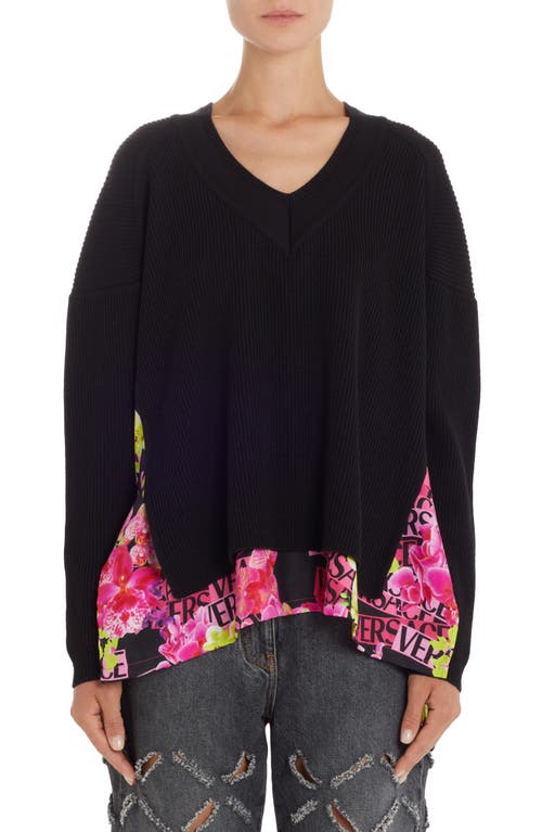Versace Mixed Media V-Neck Wool & Silk Rib Sweater in Black