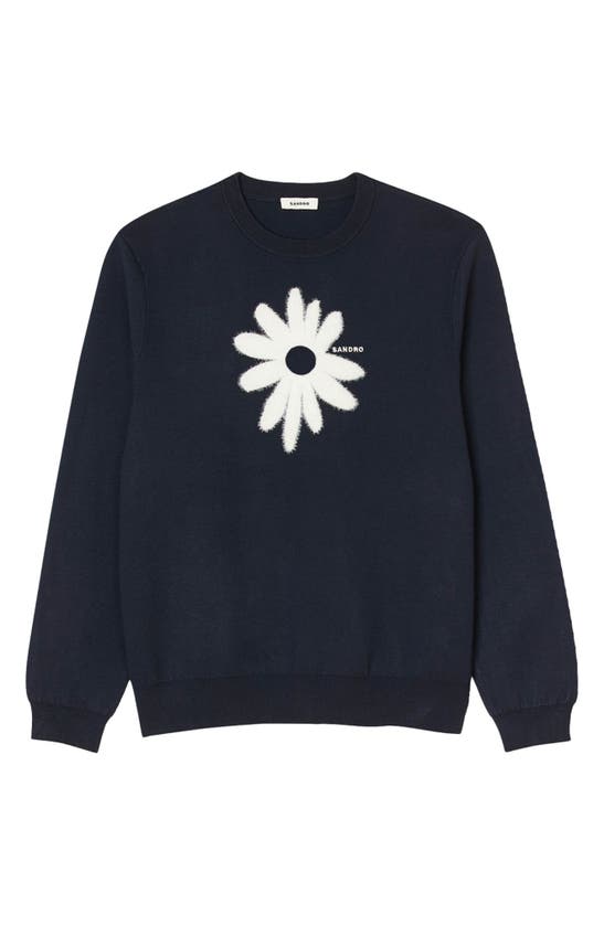 Shop Sandro Fuzzy Flower Sweater In Navy Blue